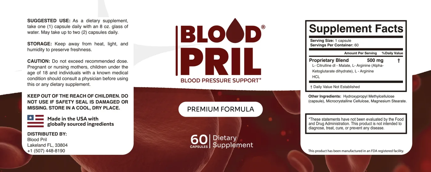 BloodPril label with Supplement Facts: 500 mg proprietary blend of L-Citrulline dl-Malate, L-Arginine Alpha-Ketoglutarate and L-Arginine HCl, 60 capsules